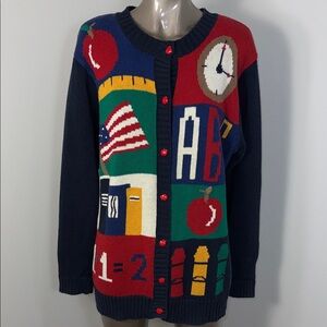 Alison Craig Vintage Teacher School Colorful Graphic Cardigan Ramie Cotton